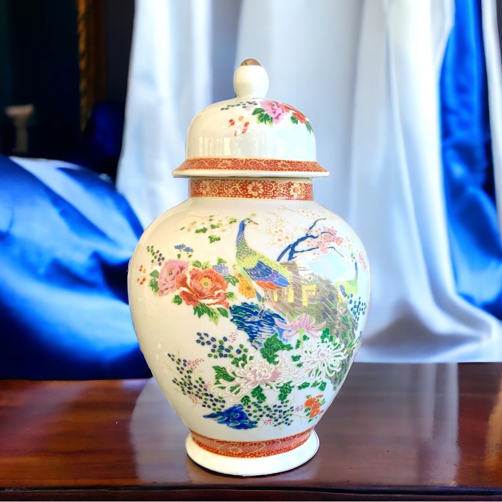 Vintage Signed Satsuma Hand-Painted Large Ginger Jar Vase - Crackle Glass